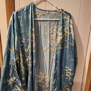**Floral Satin Pajama Set – Teal Blue – Tagged 5XL (Fits Like 2X/3X)**